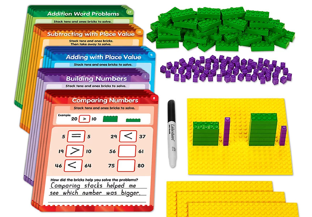Building Bricks Place Value Problem Solving Kit (Lakeshore Learning) is a game to solve place value problems.